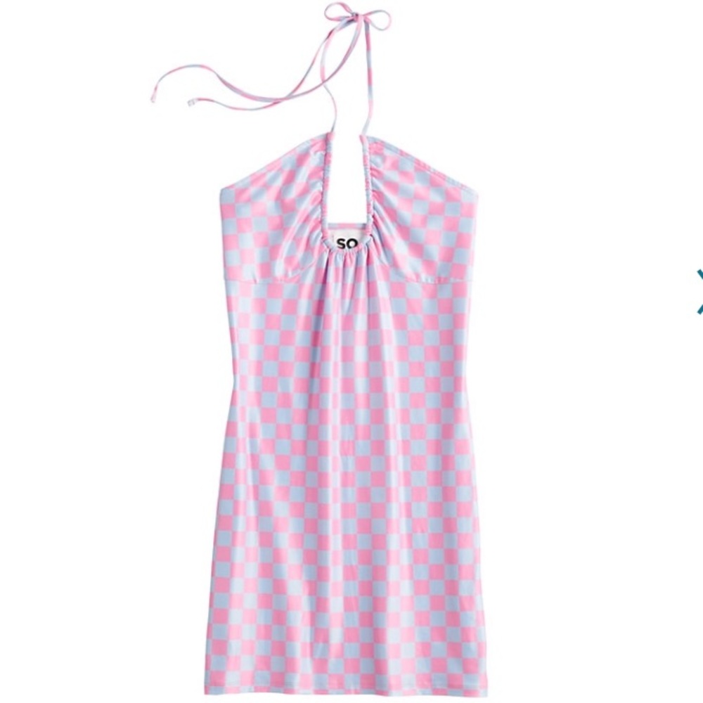 NWT!!👗Juniors XL Bodycon Cross Rib Halter Mini Pink/Blue Checkered Dress